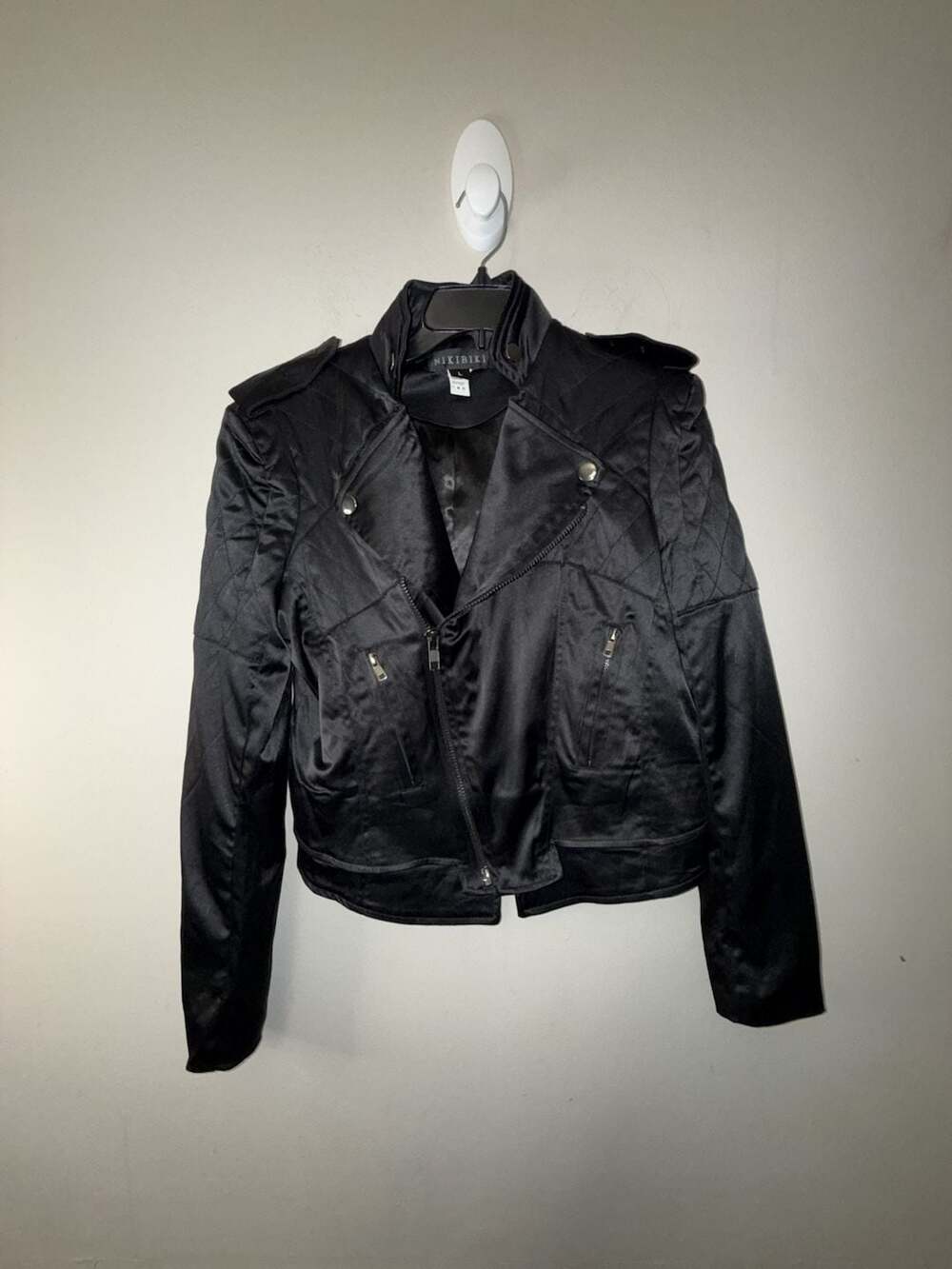 Nikibiki Black Satin Quilted Moto Biker Jacket Size Large